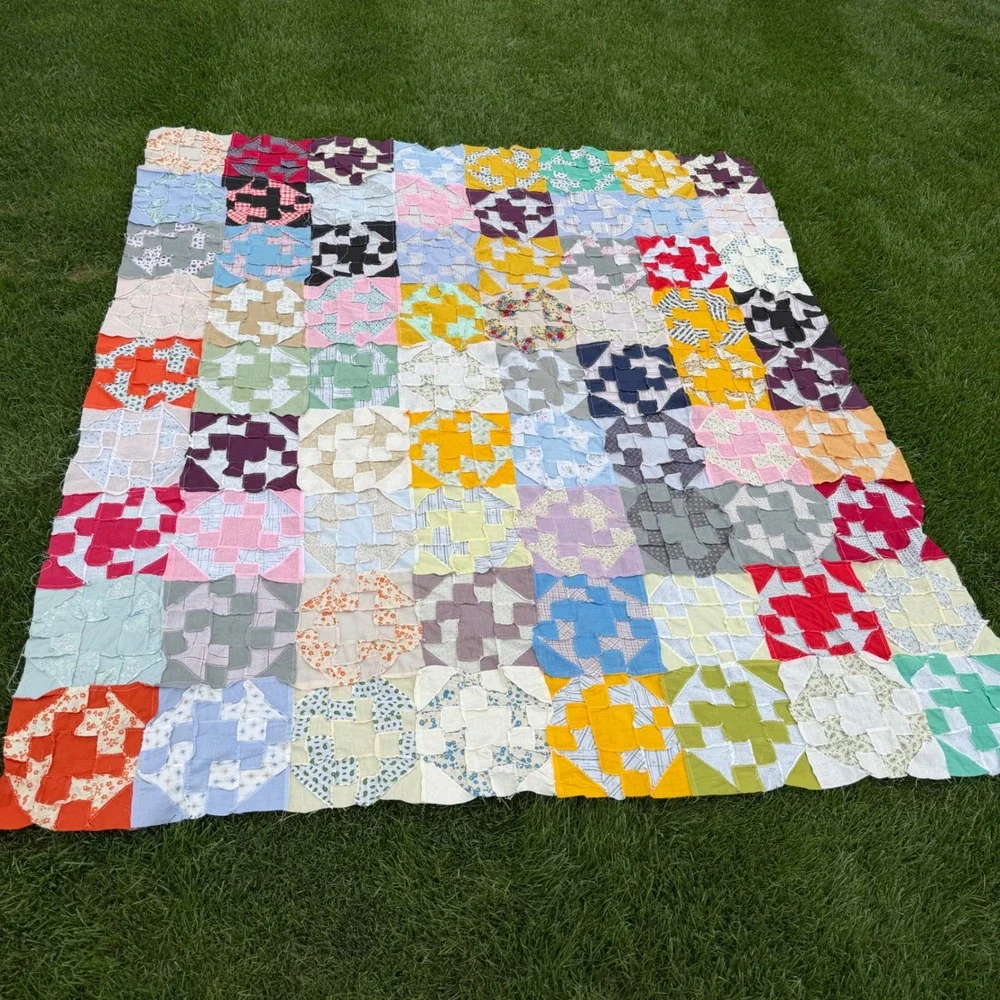 Rare Vintage Handmade Scrappy Patchwork Quilt Top Colorful Cotton Folk Art 92x82